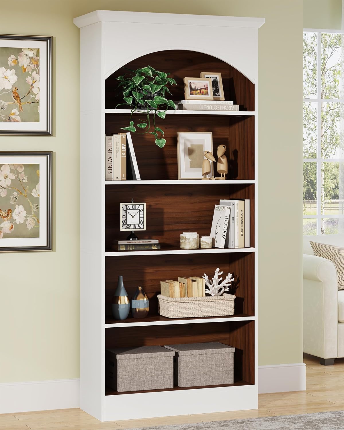 Tribesigns 5-Shelf White Bookcase, 70.9'' Tall Bookshelf with Storage Shelves, Vintage Free-Standing Library Book Shelving Unit for Living Room, Home Office (White & Oak)