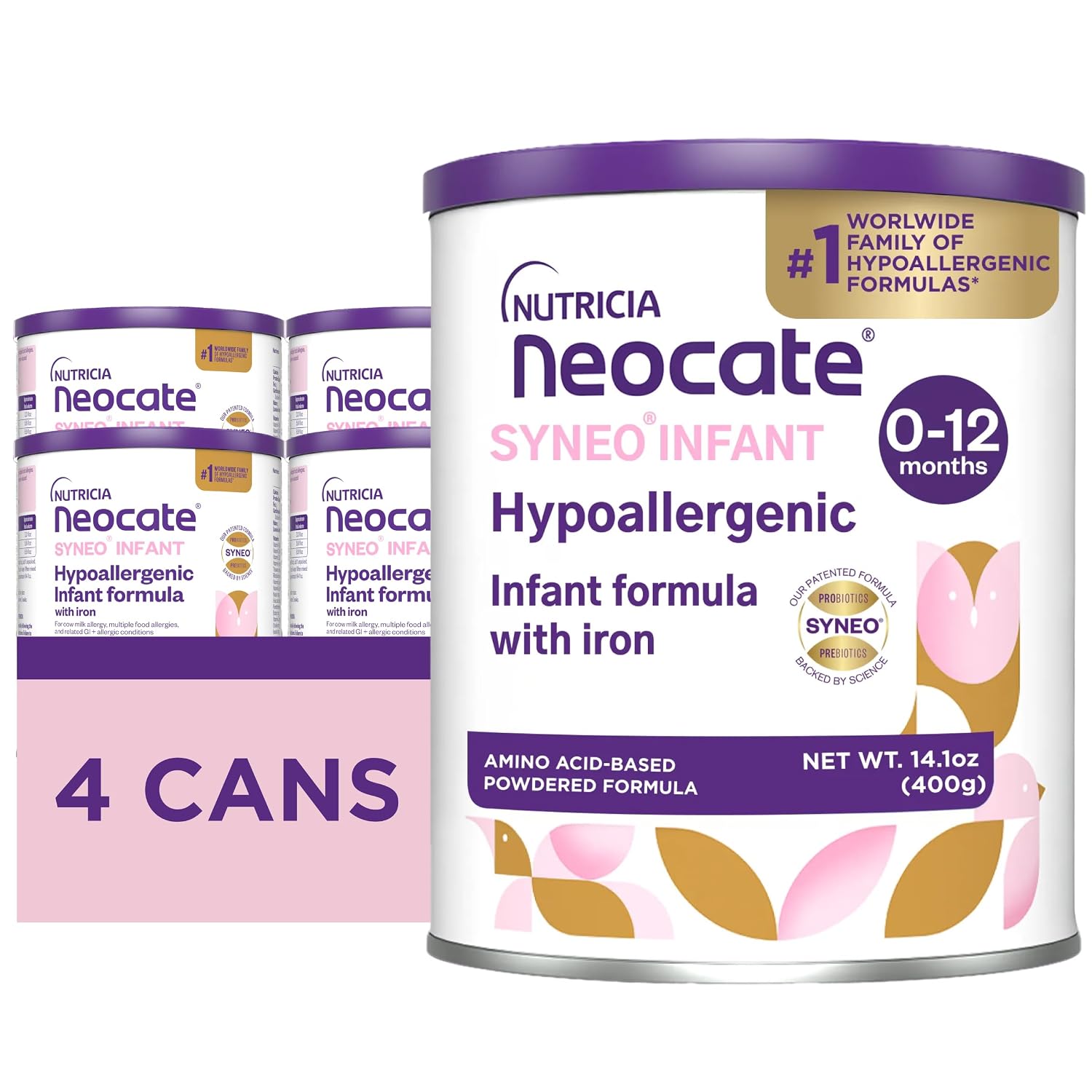 Neocate Syneo Infant - Hypoallergenic, Dairy-free, Amino Acid-Based Baby Formula with Prebiotic Fiber, Probiotics & DHA/ARA - Food Allergy-Friendly Formula - 14.1 oz (Pack of 4)