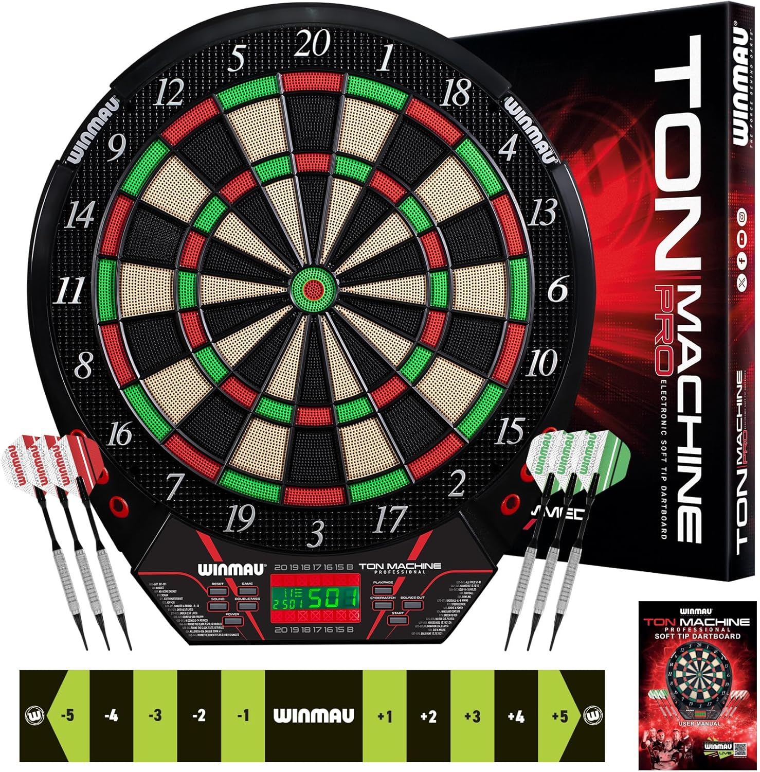 Winmau Ton Machine Electronic Dart Board - Soft Tip Dartboard for Adults, Dart Board Set with 90+ Games & Digital Scoreboard for 8 Players - 2 Sets of Soft Tip Darts, Throwing Line & Plastic Tips
