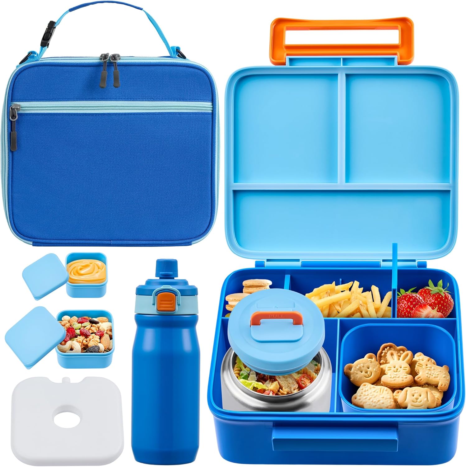 Bento Lunch Box for Kids with Thermos, Leakproof Bento Box with 8oz Insulated Food Jar, Insulated Bottle, Lunch Bag, BPA Free Dishwasher Safe 4 Compartment Container for School Girls Boys (Blue)