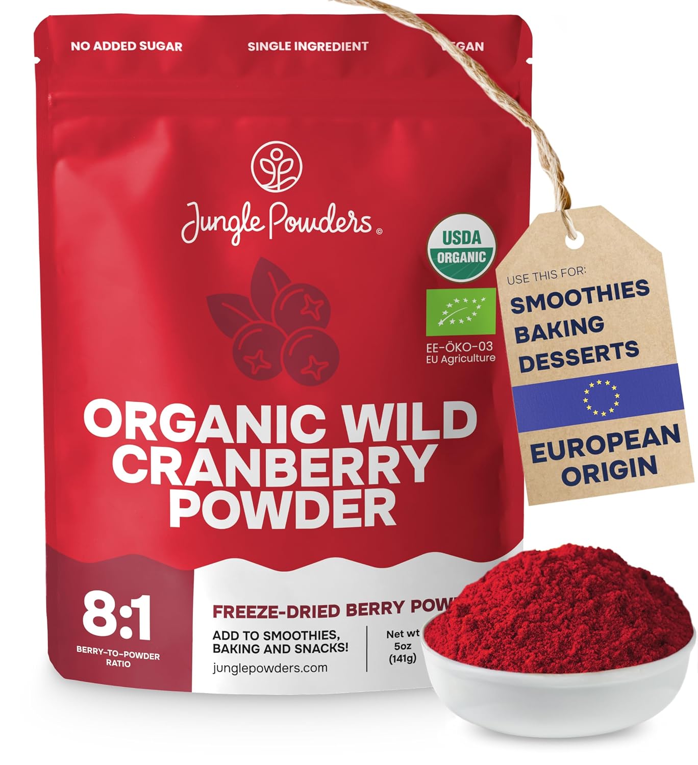Jungle Powders Wild Cranberry Powder Organic 5 Ounces, USDA Certified Freeze Dried Organic Cranberries Powder for Baking Flavoring Smoothies, Additive Filler Free Superfood Extract from Whole Berries