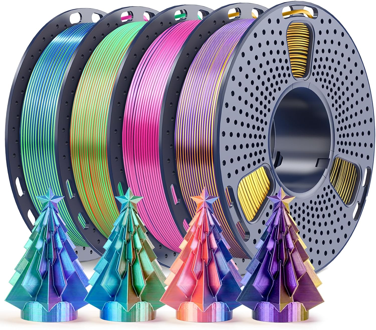 SUNLU Silk Triple Color PLA 1.75mm, 250g Bundle, 3D Printer Filament | Beginner Friendly Multicolor Bundle, 4 Rolls, BlackGoldPurple+RedYellowBlue+OrangeBlueGreen+BlueGreenPurple