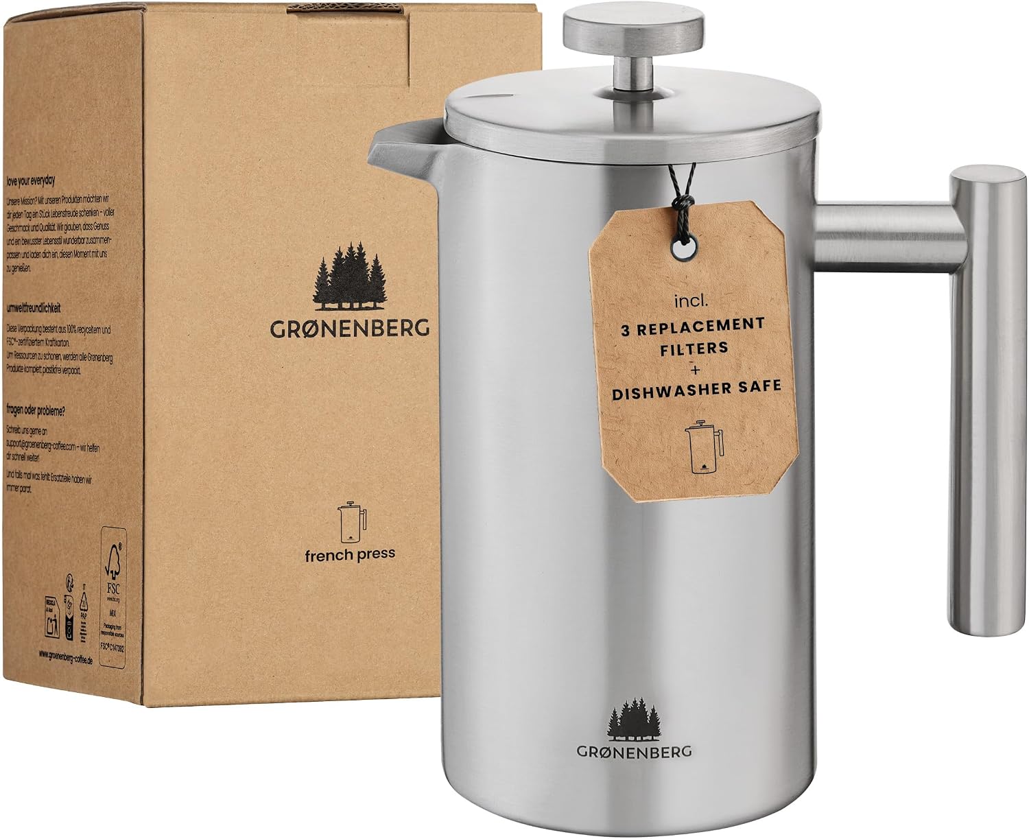 Groenenberg French Press 600ml I Insulated cafetiere I stainless steel coffee press I French Press coffee maker