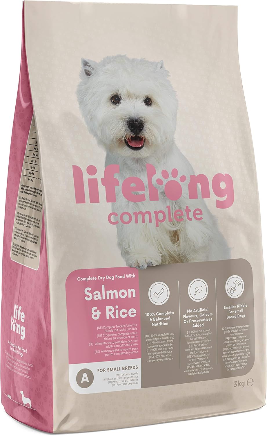 Amazon Brand - Lifelong - Complete Dry Dog Food with Salmon & Rice for Small Breeds, 1 Pack of 3kg