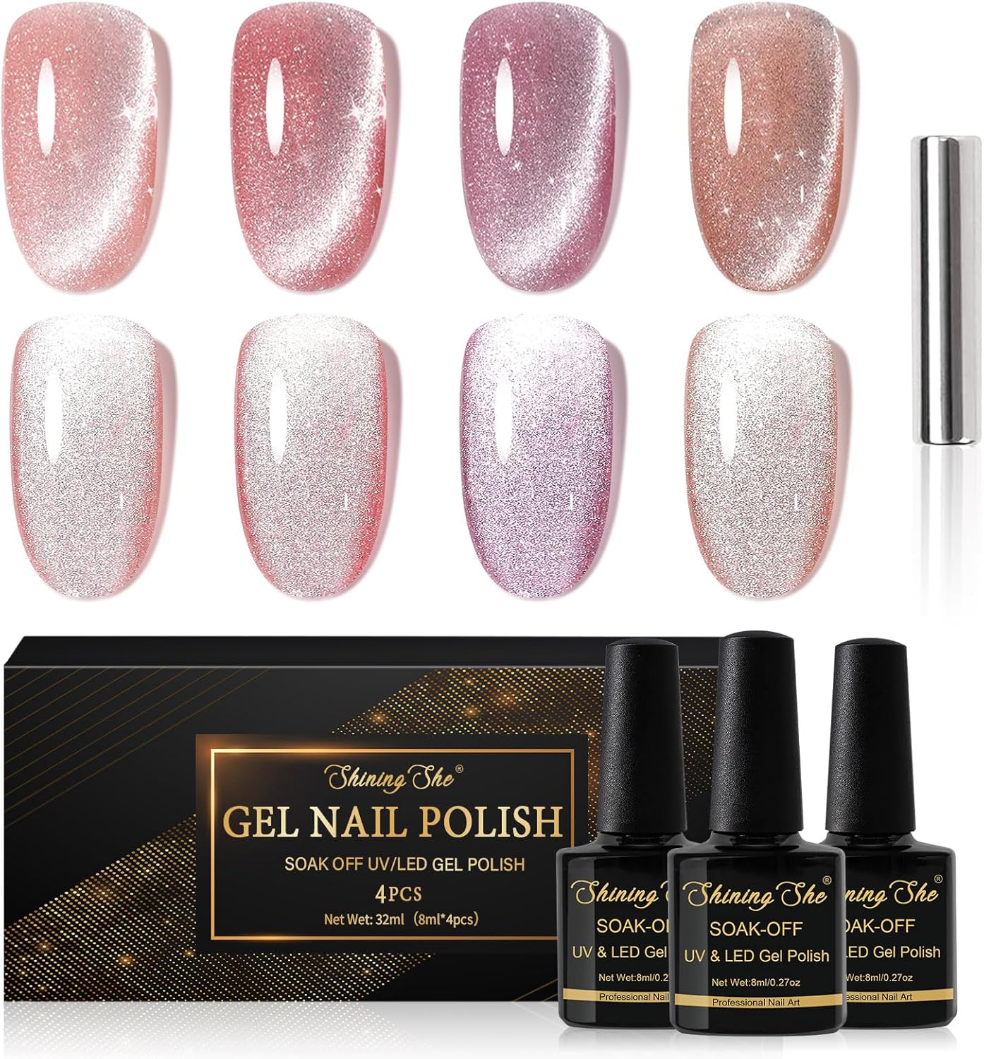 Shining She Cat Eye Gel Nail Polish, 4 Colours Jelly Nude Pink Rose Gold Magnetic Nail Polish with Magnet Soak-Off UV/LED Holographic Cat Eye Gel Polish for Nail Art Salon DIY Home, 8ML