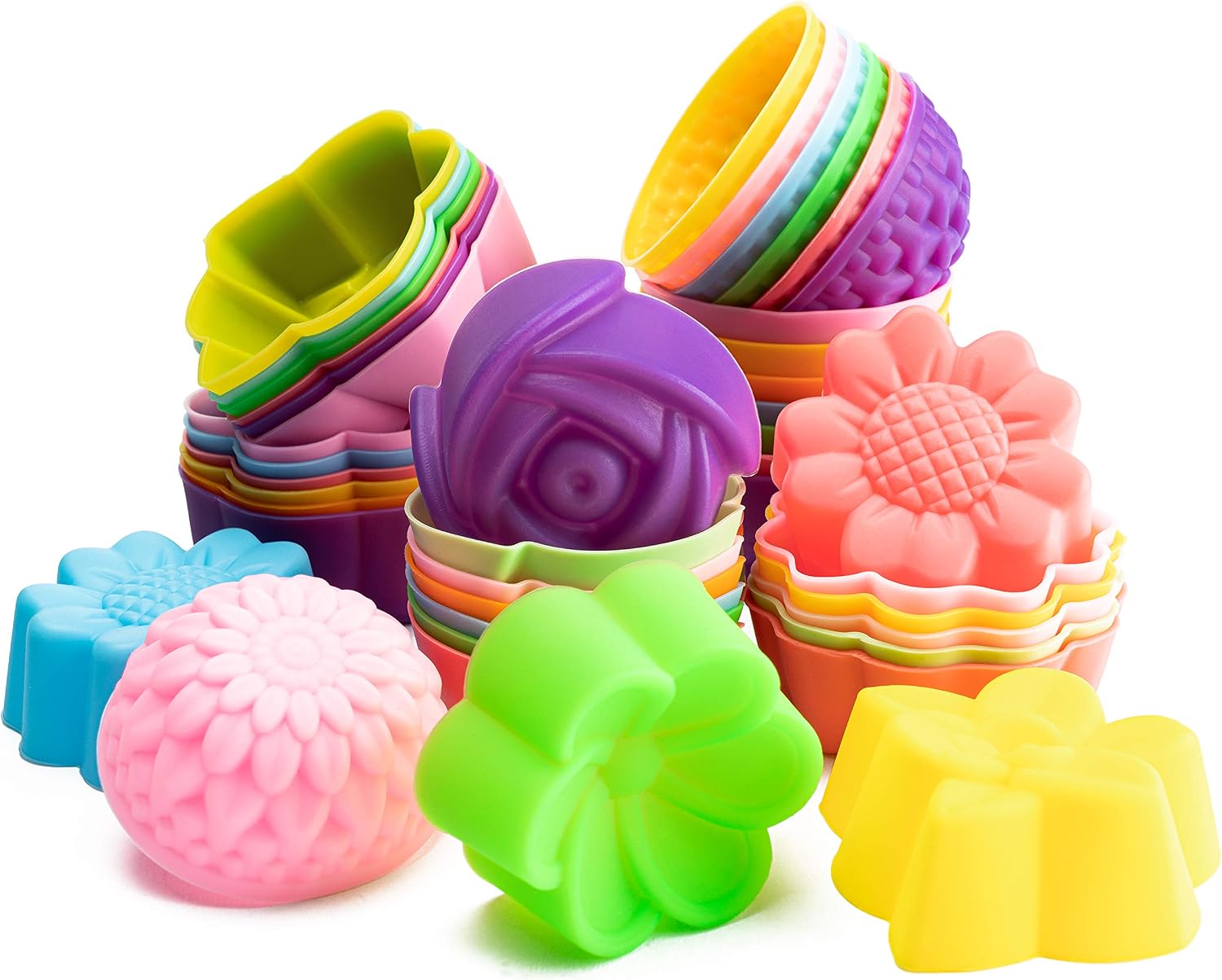 R HORSE 42Pcs Silicone Molds Cupcake Multi Flower Shapes Baking Cups Molds Non-Stick Donut Wrapper Molds Muffin Molds Washable for Pan Oven Microwave Dishwasher (2 x 0.8 Inch)