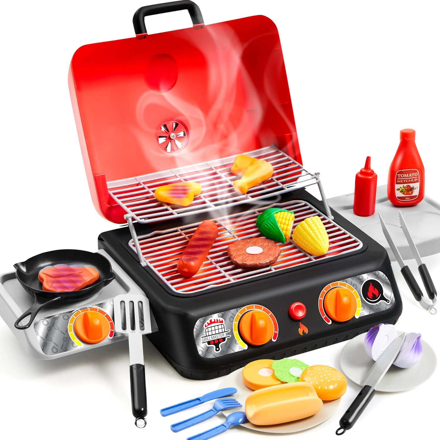 Kids BBQ Grill Playset, Kitchen Toy Set with Pretend Smoke, Light, Sound & Color-Changing Food, Play Kitchen Accessories, Indoor Outdoor Cooking Toy for Boys Girls Kids Birthday Gift