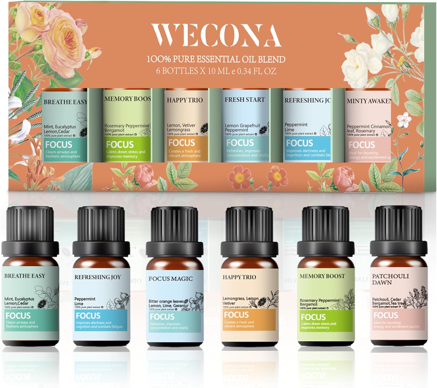 Focus Essential Oil Set – 6x10ml Essential Oils for Diffusers Aromatherapy, Aromatherapy Oil Blends – Huile Essentielle Pour Diffuseur, Fragrance Oils for Candle Making