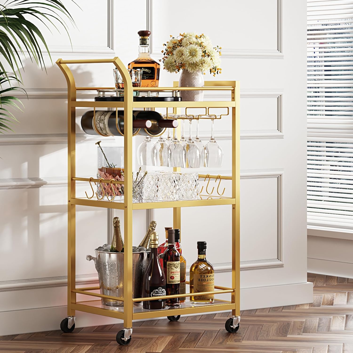 TUTOTAK Bar Cart, Home Bar Serving Cart with 3-Tier Mirrored Shelf, Wine Cart, Mobile Kitchen Shelf, Gold BC01BB034