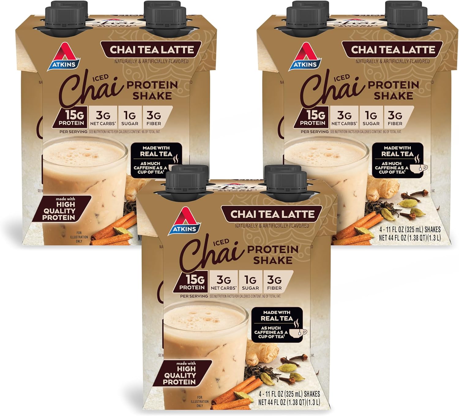 Atkins Chai Tea Latte Flavored Protein Shake, High Protein Shake, Low Glycemic, Low Carb, Low Sugar, Keto Friendly, Gluten Free, 12 count (3 sets of 4)