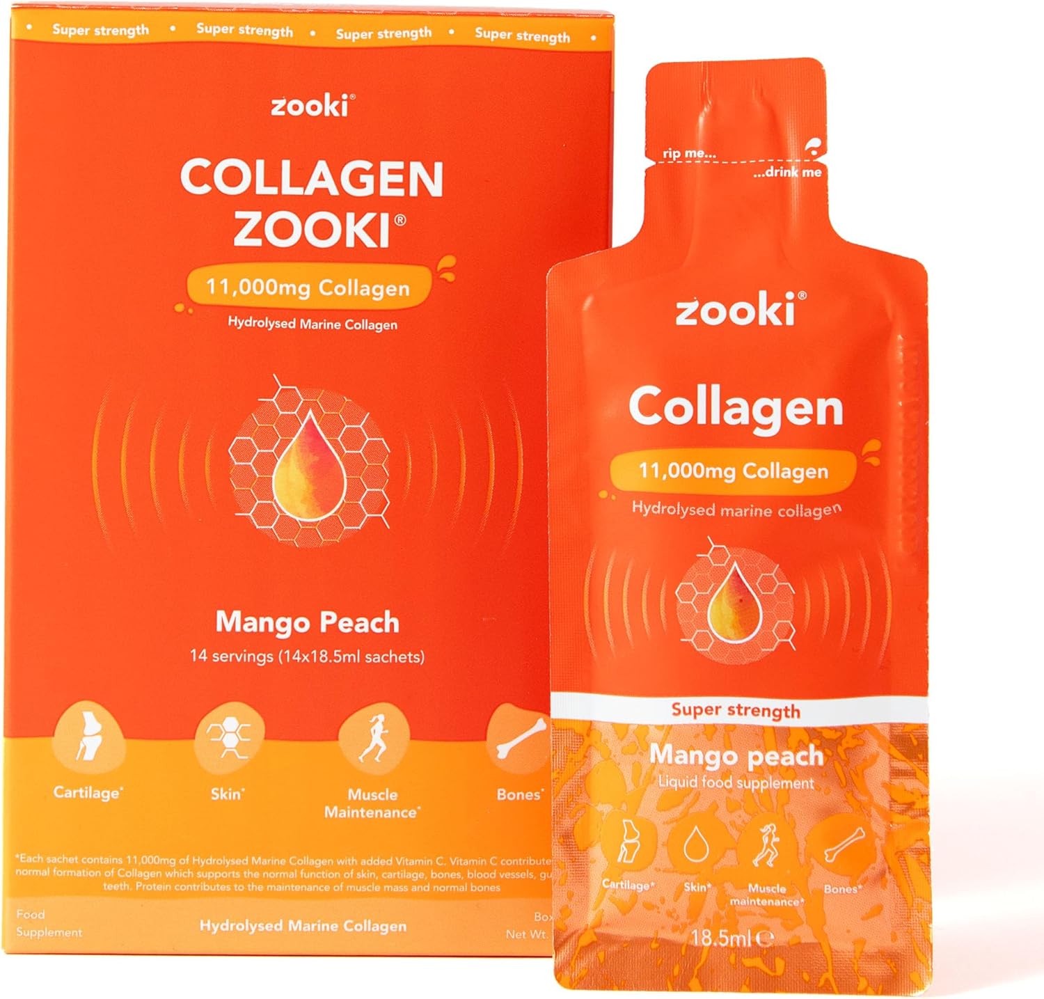 Zooki 11,000mg Super Strength Marine Collagen Liquid Sachets | Hydrolysed Peptides | Ultimate Skin, Hair, Nails, Joints, Bones & Muscles Support (Mango Peach Flavour, 14 Servings)