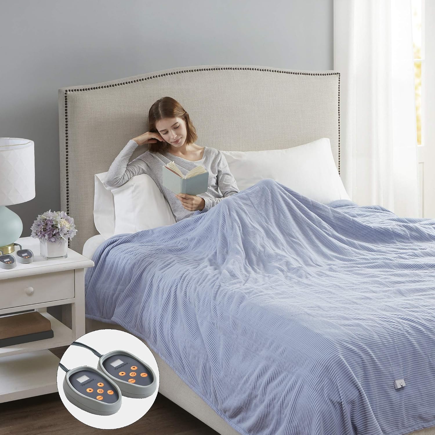 Beautyrest Electric Blanket Luxurious Micro Fleece Ultra Soft Ribbed Textured, Cozy and Snuggly Cover for Cold Weather, Fast Heating, Auto Shut Off, 20 Level Heat Setting Controller, Queen, Blue