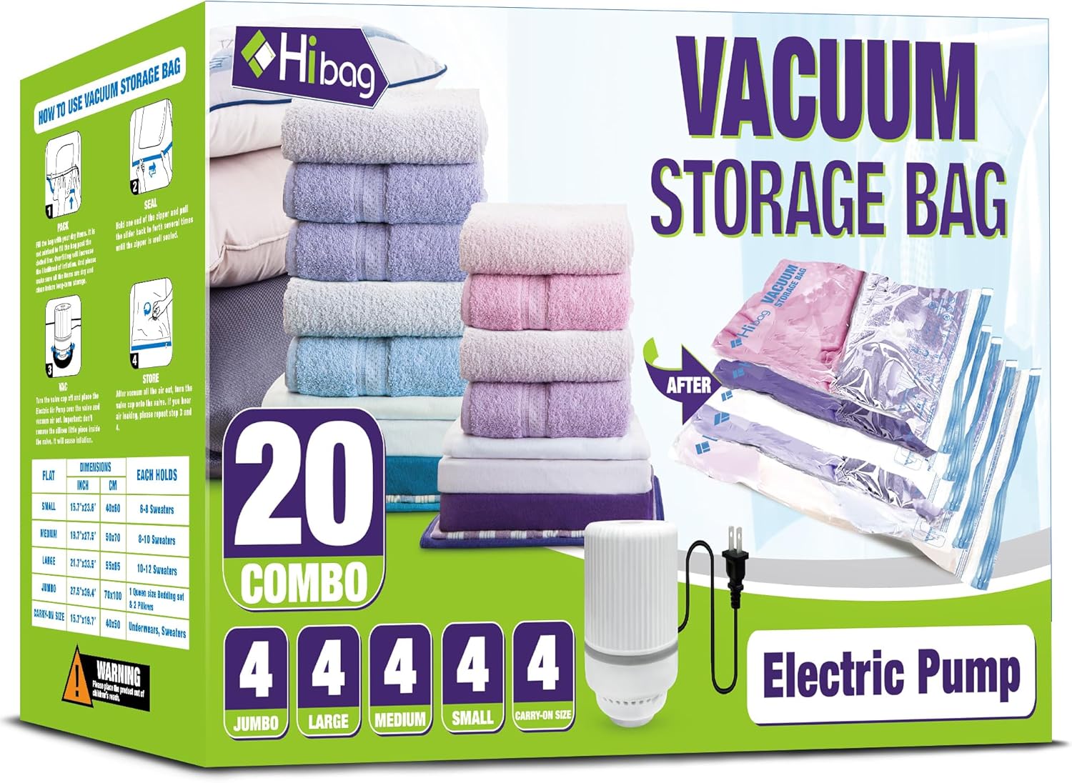 HIBAG Vacuum Storage Bags with Electric Pump, Vacuum Seal Space Saver Bags for Clothes, Clothing, Pillows, Blanket Bedding Comforters, Combo 20 pack