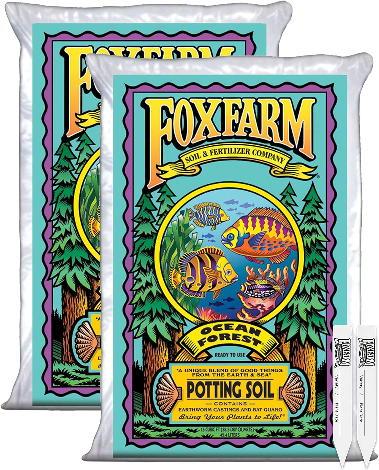 FoxFarm Ocean Forest Potting Soil w/ 2 Plant Tags, 1.5cu ft (2 Pack) | Light, Aerated Texture with Fish Meal, Crab Meal, Earthworm Castings, Ready-to-Use Potting Mix for Seedlings & Plant Starts