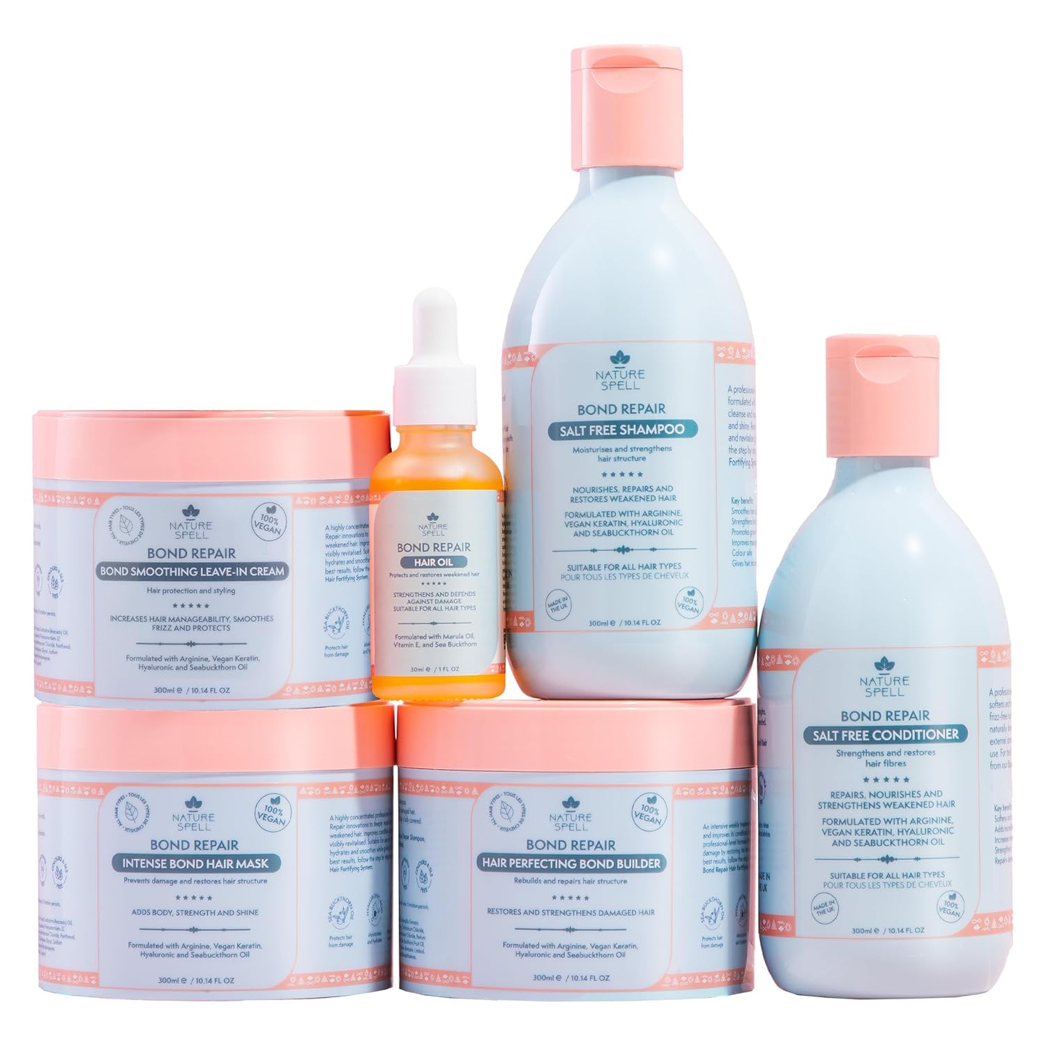 Nature Spell Bond Repair Haircare Collection, Sulfate & Paraben Free, Moisturizes & Nourishes Dry Hair, with Shampoo & Conditioner, Hair Mask, Bond Builder, Leave-In Cream and Oil, Vegan, Pack of 6