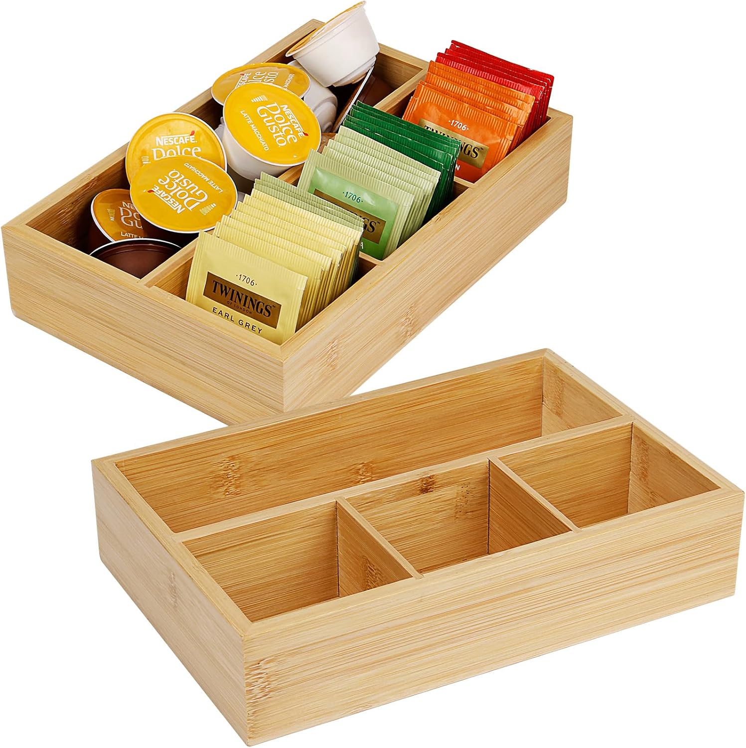 2 Pack Bamboo Tea Bag Organizers, Wood Tea Bag Storage for Drawers, Coffee Drawer Organizer for Coffee Station, Sugar Packet,Small Packet,Each Outer Dimension:10 x 6.5 x 2.2inch