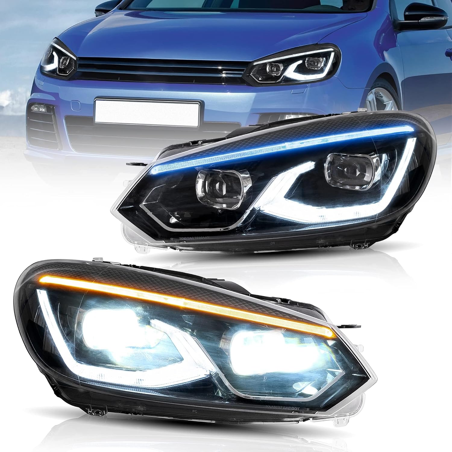 VLAND Headlight Assembly Compatible with Golf 6 MK6 2010-2014 Halogen Models(NOT FTT GTI/R) (FULL LED)