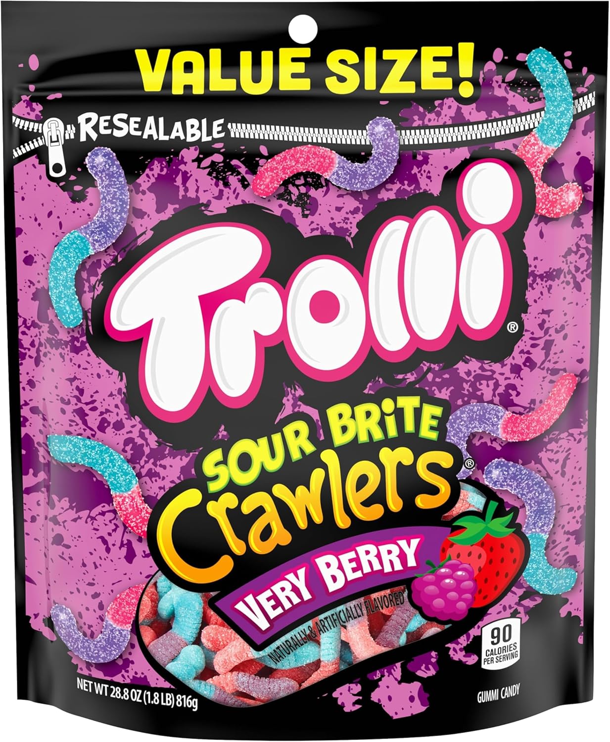 Trolli Sour Brite Crawlers,Very Berry,Sour Gummy Worms,28.8 Ounce Resealable Bag,(Pack of 6)