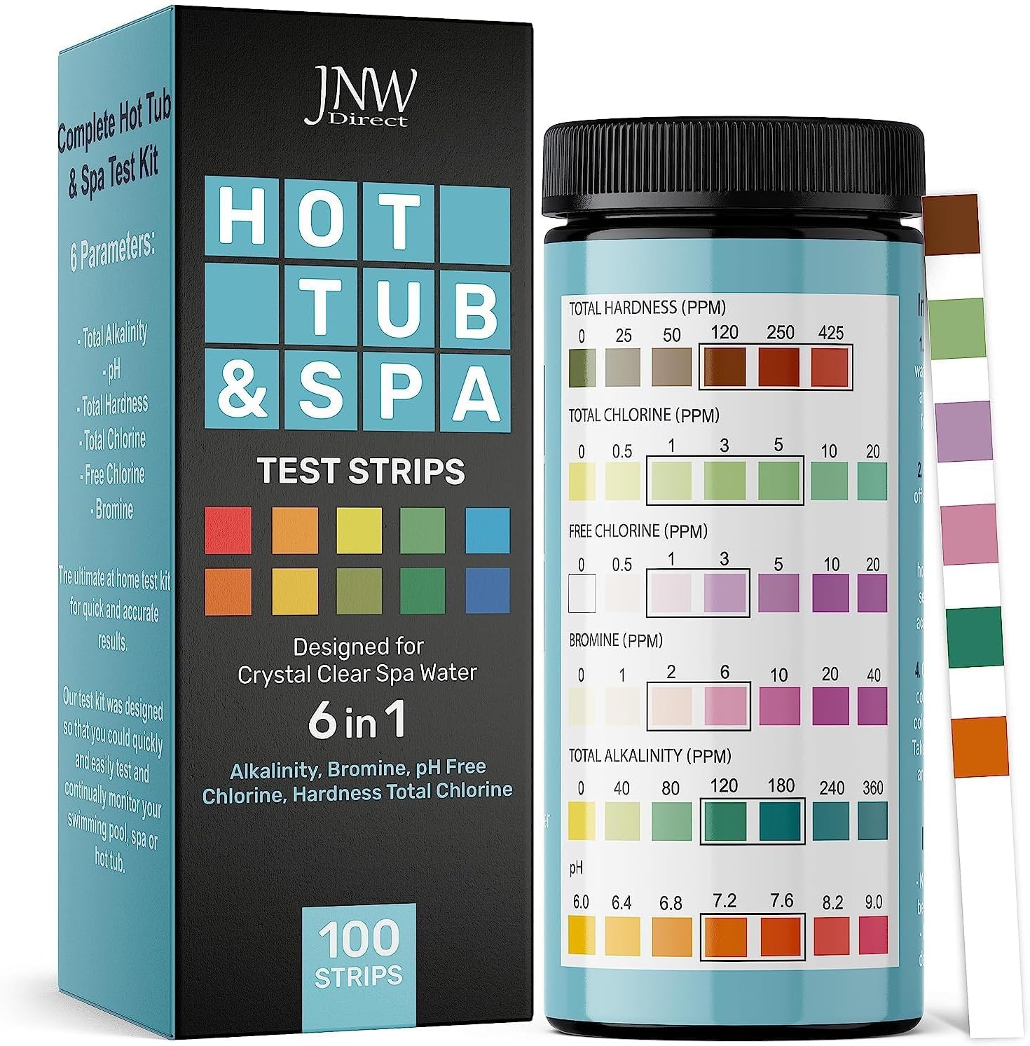 JNW Direct Hot Tub Test Strips for Spas - 6 in 1 Water Test [100 Pack]