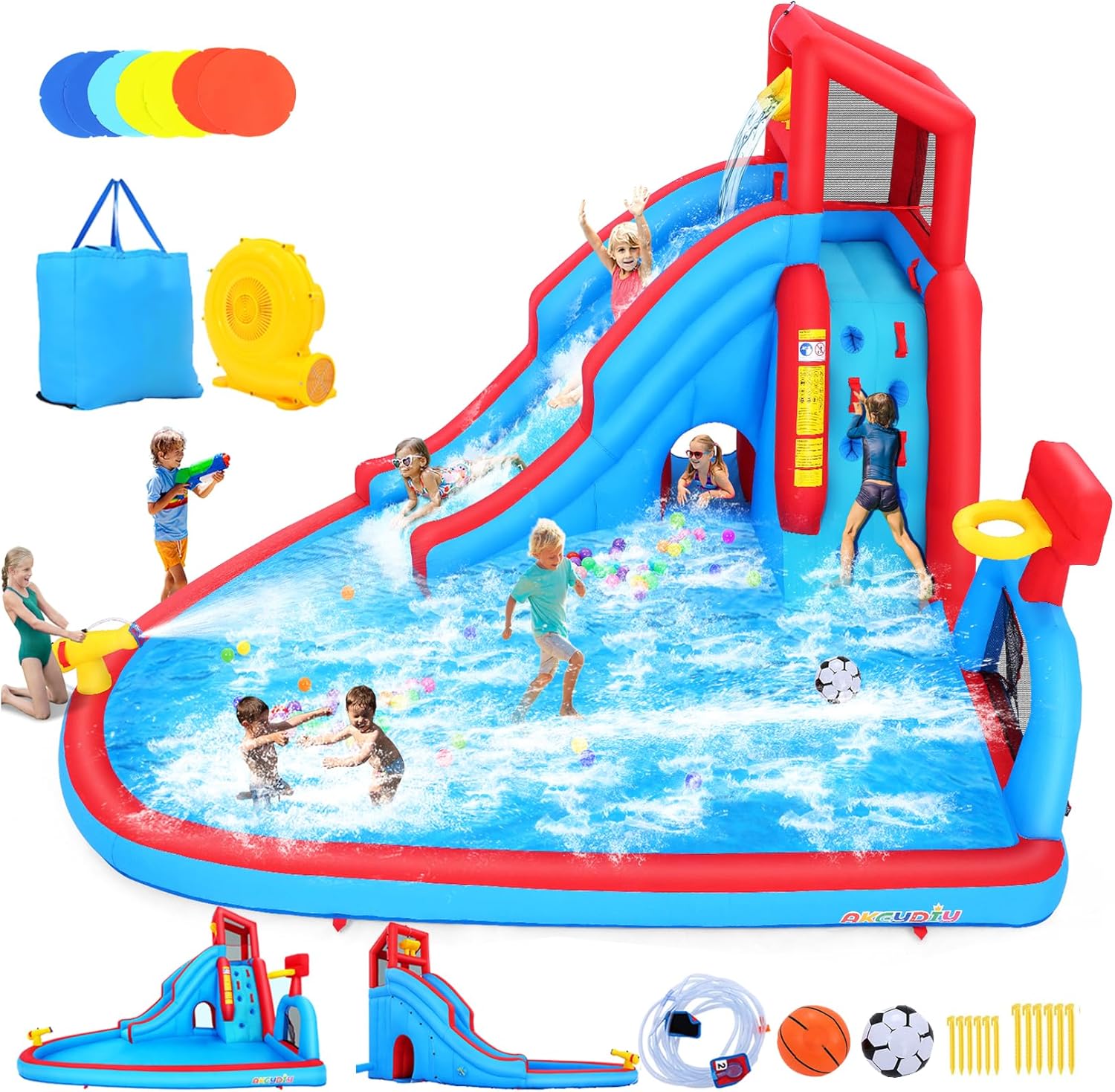 AKEYDIY Inflatable Water Slide - Dump Bucket Water Bounce House, Blow Up Water Slide Park w/Splash Pool,Climb Wall,Basket-Rim,Water Cannon,Shower Head,W/Blower Backyard Waterslide for Kids 3-12