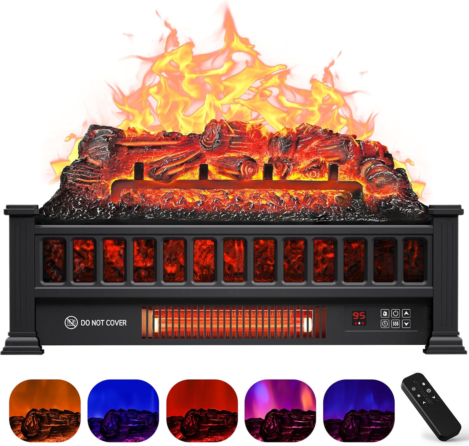 Electric Fireplace Logs Inserts Heater 20-Inch, Remote Controller Fireplace Heater, Adjustable Flame Colors, Realistic Fake firewood Flame, Overheat Protection, Timer, Thermostat, 1500W Black
