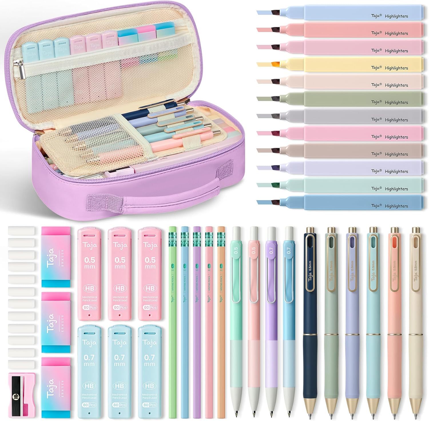 Taja Cute Pencil Case With School Supplies, 39 PCS, Stationery Set, Purple