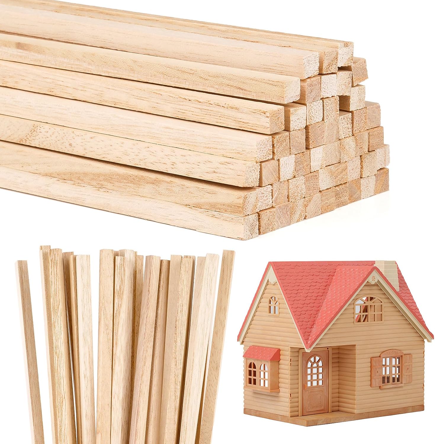 Balsa Wood Sticks, 50 PCS Square Wooden Sticks for Craft, Natural Wood Strips, Unfinished Dowling Rods for Art, DIY Projects & Woodcraft (6 x 6 x 300 mm)