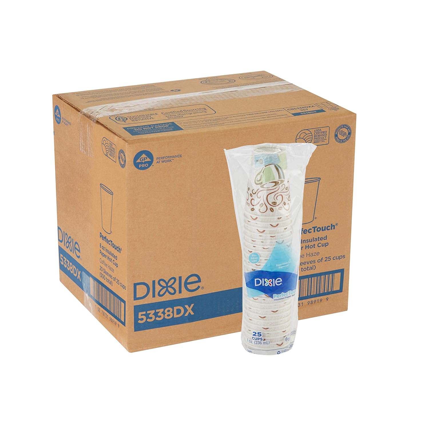 Dixie PerfecTouch 8 oz. Insulated Paper Hot Coffee Cup by GP PRO (Georgia-Pacific), Coffee Haze, 5338DX, 500 Count (25 Cups Per Sleeve, 20 Sleeves Per Case)