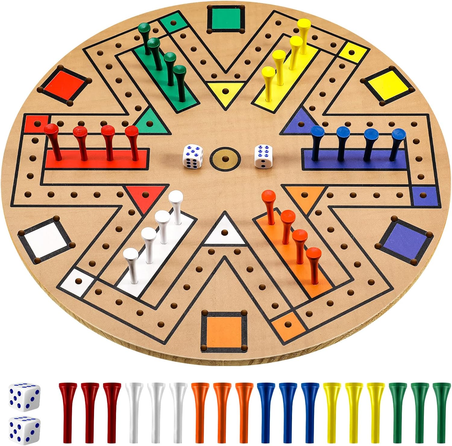 Kathfly Fast Track Board Game Wooden 3-6 Players Board Game Set with 24 Board Game Pieces and 2 Dice, Fast Track Game Night for Adult Teens Family Game, 6 Colors (14.2 Inch)