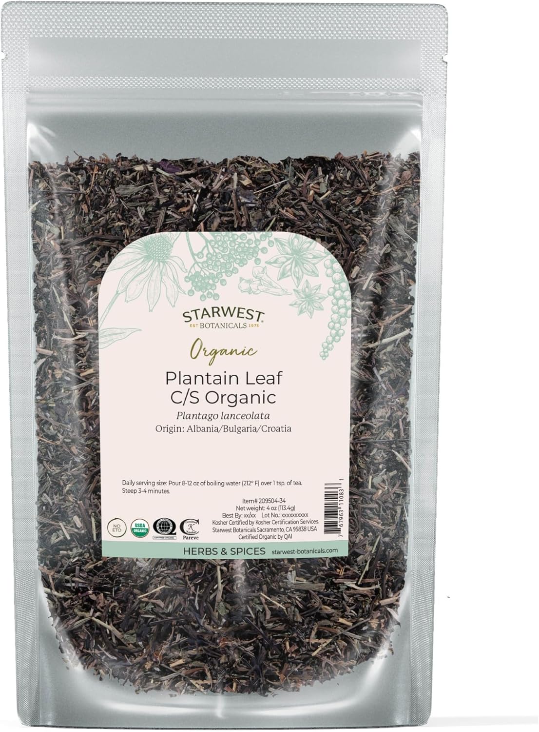Starwest Botanicals Organic Plantain Leaf - Natural Loose Leaf Herbal Tea, Dried Plantain Herb for Women & Men, Cut & Sifted, Certified Kosher, Non-GMO - 4 oz Bag