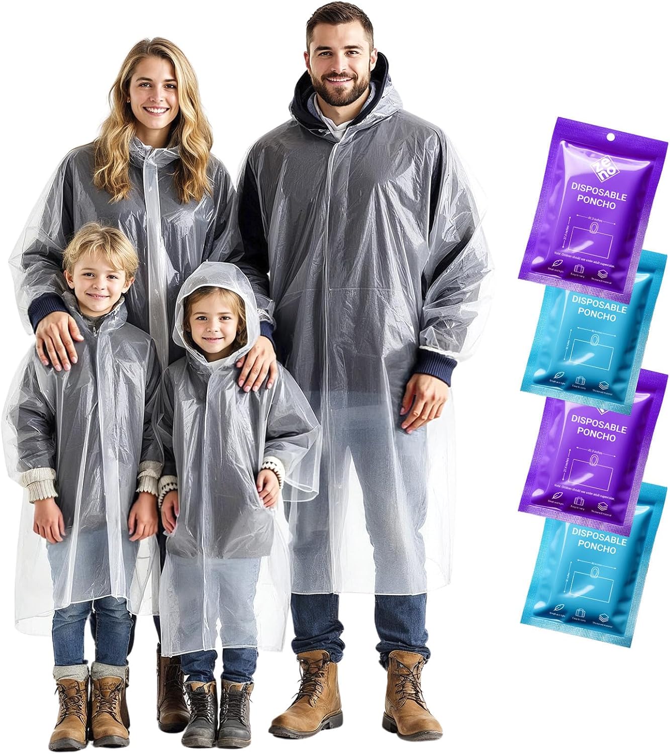 ZENO Disposable Rain Poncho Waterproof Family Pack - Rain Coat with Hood, Pack of 4 - For Adults & Kids, Women, Men, Girls & Boys - Travel Poncho for Hiking, Camping