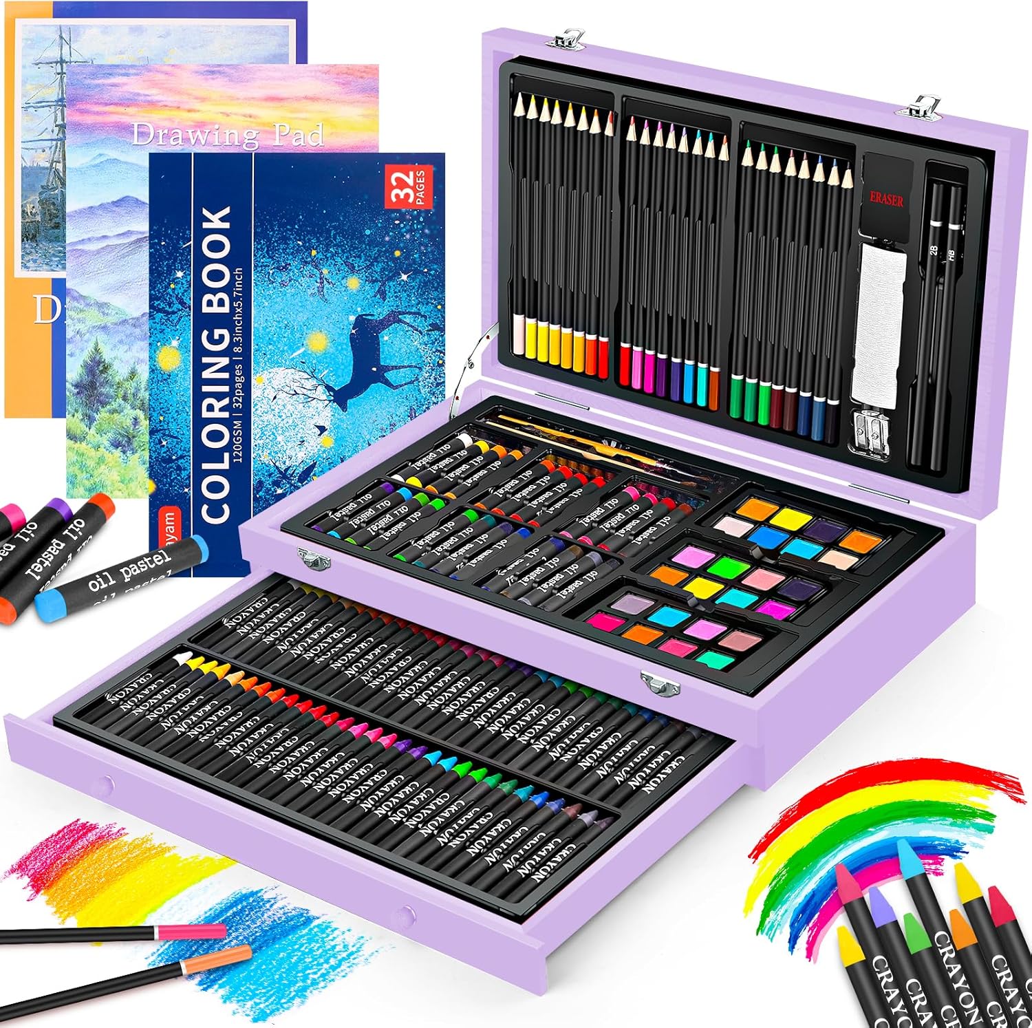 iBayam Stocking Stuffers for Kids Teens Adults, Birthday Party Art Supplies, Christmas Gifts for Teenagers, 150-Pack Wooden Art Set Crafts Drawing Painting Kit with 1 Coloring Book, 2 Sketch Pads
