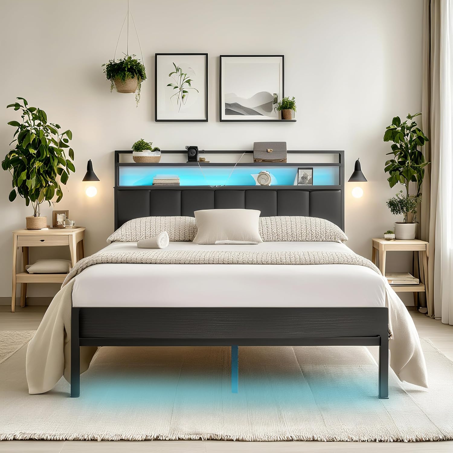 Full Size Bed Frame with Headboard,Classic Metal Platform Bed Frame-LED Bed Frame with USB Charging Station,Mattress Foundation-Under Bed Storage,No Box Spring Needed,Noise Free