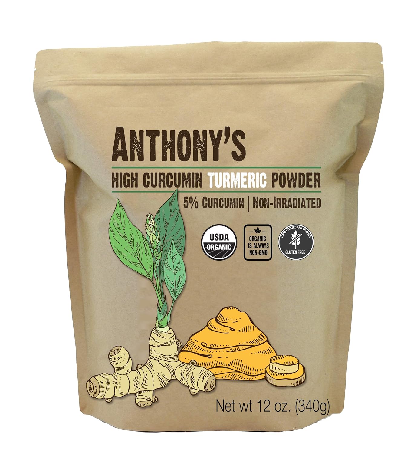 Anthony's Organic High Curcumin Turmeric Powder, 12 oz, Gluten Free, Non GMO, Non Irradiated