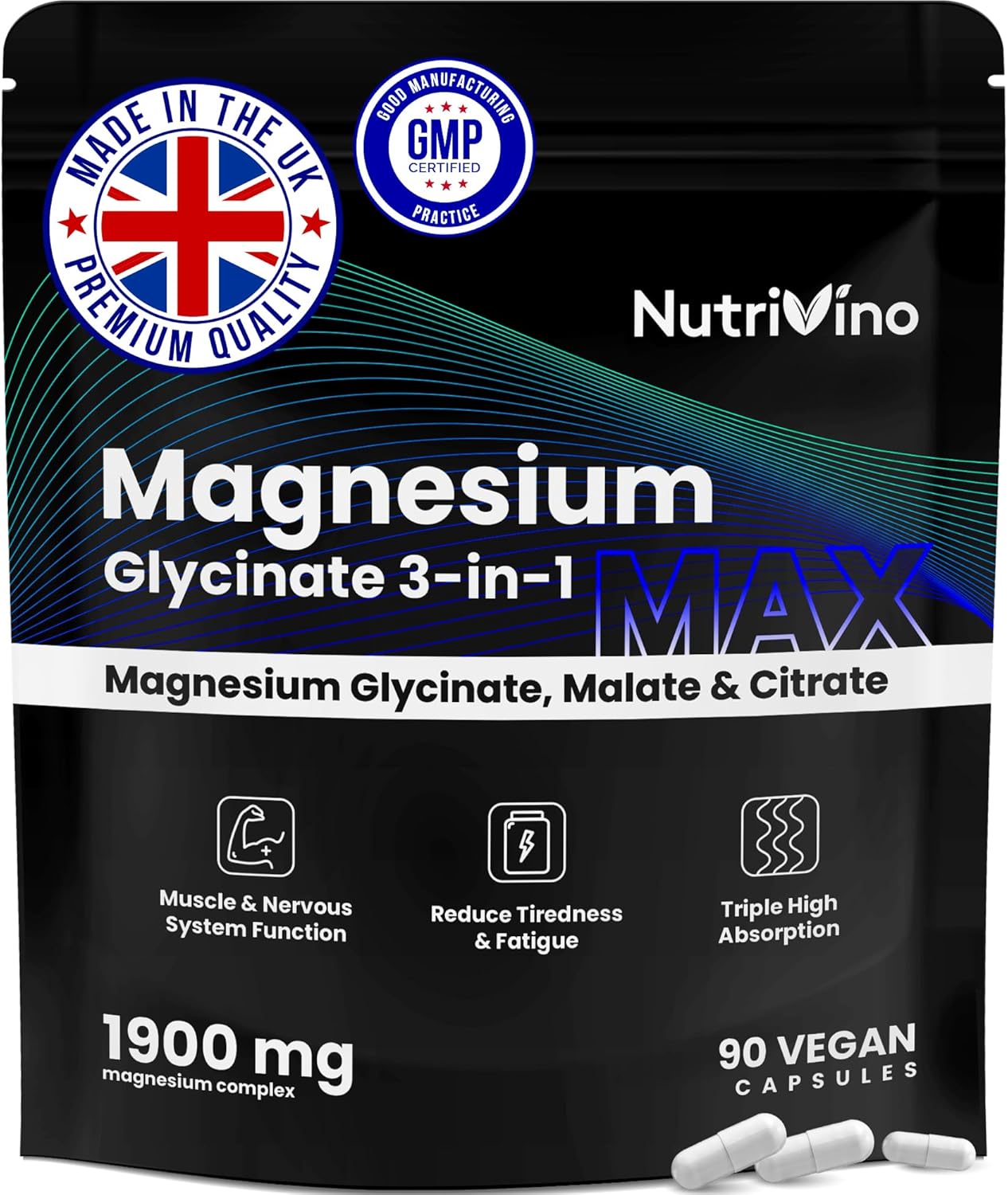 High-Strength Magnesium Glycinate 1800mg | | Magnesium Glycinate 3-in-1 | Vegan Supplements with Bisglycinate, Citrate & Malate | Complex for Maximum Absorption | UK Made by Nutrivino