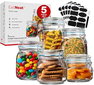 EatNeat Set of 5 Glass Storage Jars - Glass Canister w/Bail & Trigger Clasp Lid - Premium Food Storage and Canning Jars for Pantry Organization - Versatile Containers in Assorted Sizes, 17oz to 68oz