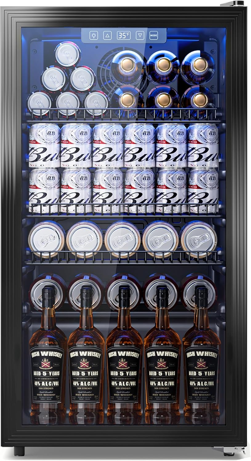 3.2 Cuft Beverage Fridge, 130 Can Mini Fridge With Glass Door, Black
