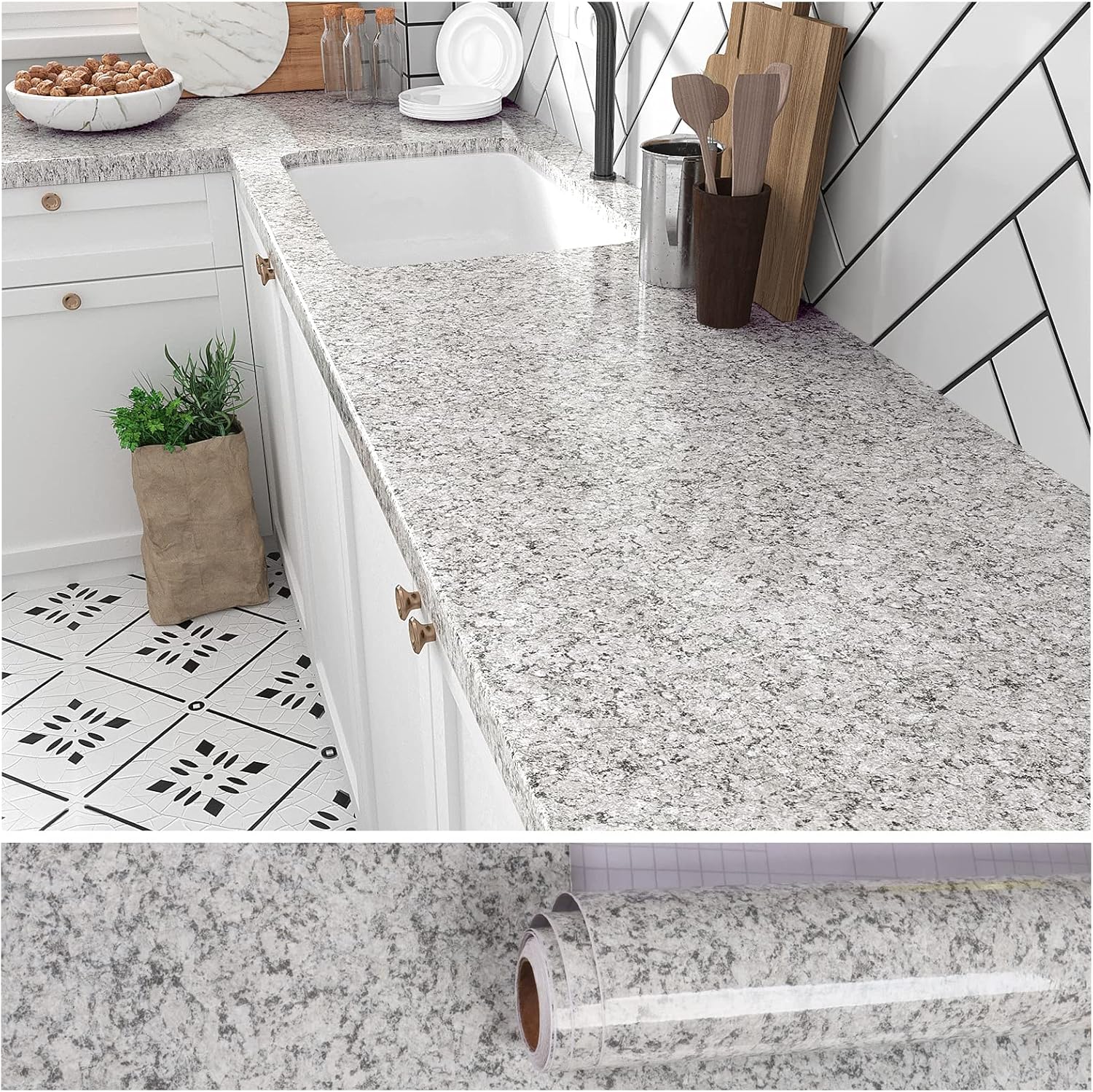 VEELIKE 15.7''x118'' Granite Contact Paper for Countertops Waterproof Self Adhesive Grey Granite Wallpaper Peel and Stick Countertops for Kitchen Bathroom Counter Top Removable Decorative Film Vinyl