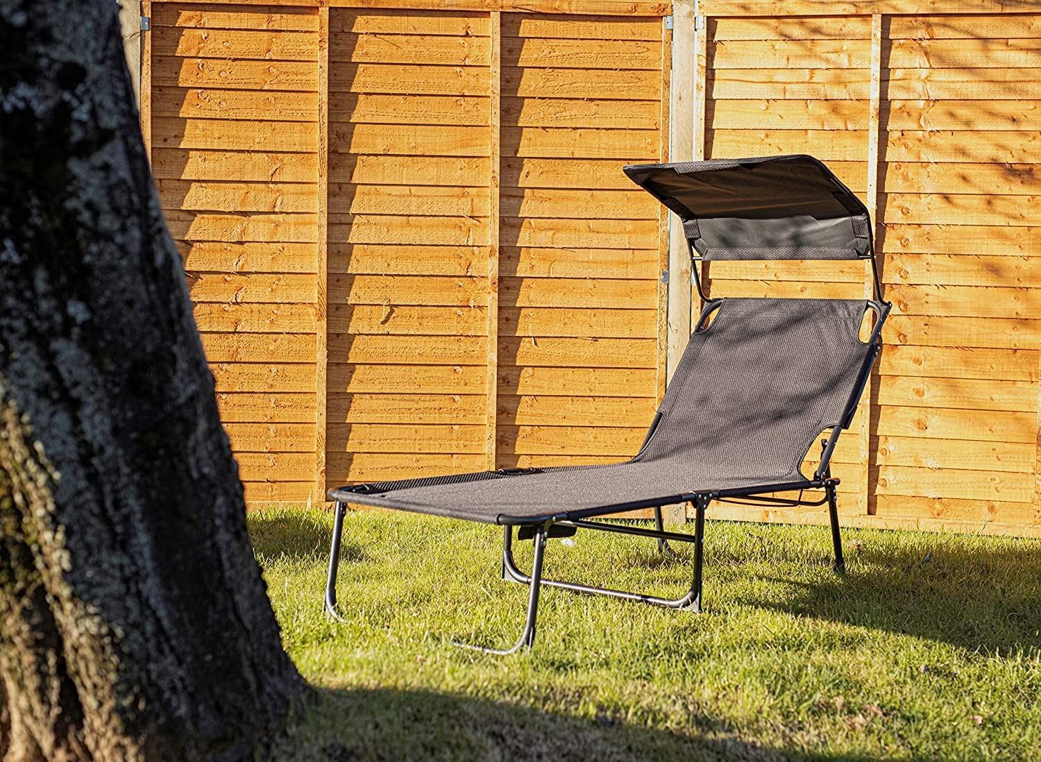 Garden Mile Outdoor Foldable Sun Lounger with 4 Level Adjustable Backrest Outdoor Portable Reclining Sun Lounger Chair with Angle Adjust Sun Shade Awning for Beach, Garden, Patio