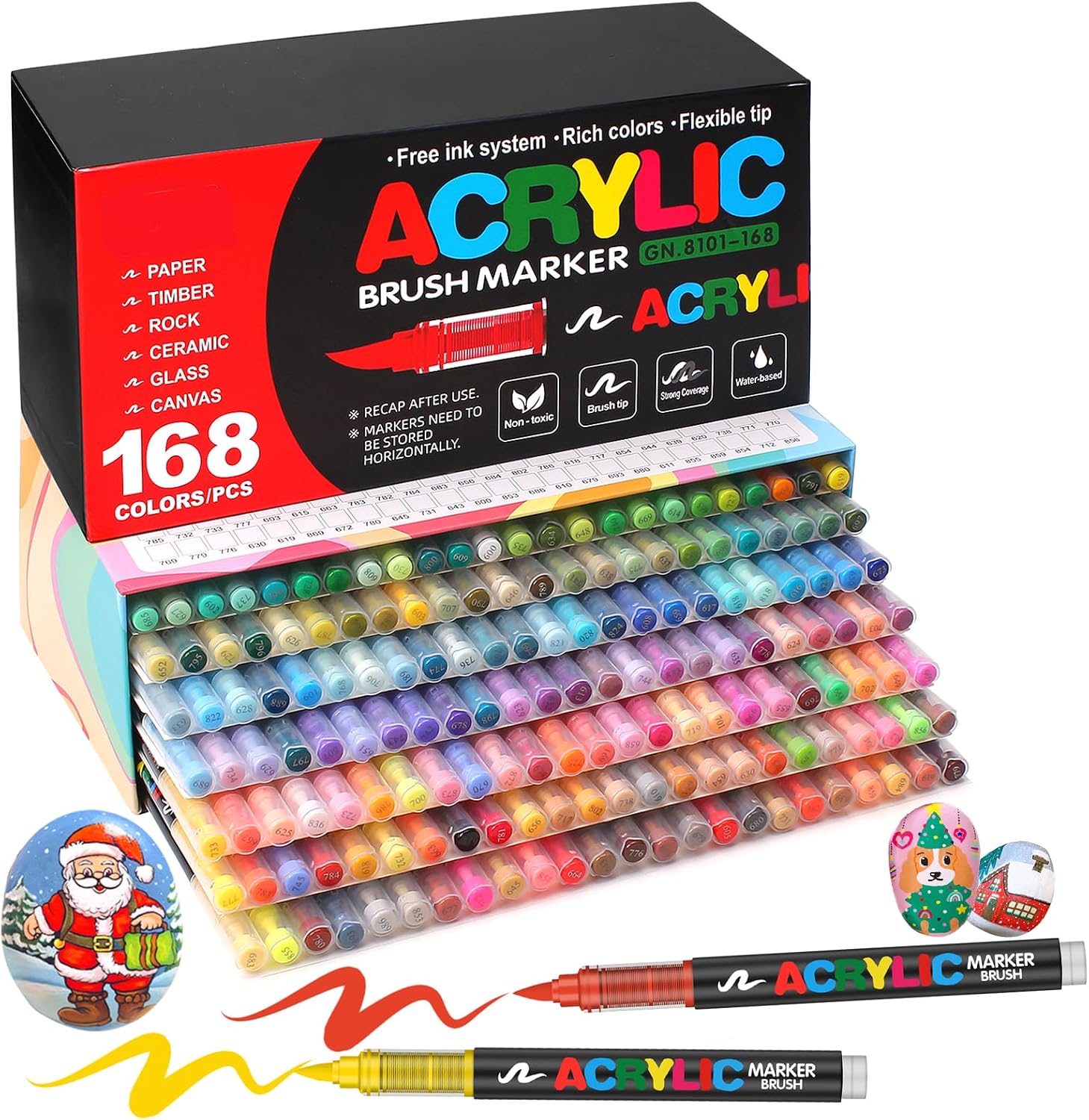 Amamao 168 Colors Acrylic Markers, Soft Brush Tip Paint Pens and Paint Markers, Acrylic Pens for Wood, Stone, Canvas, Glass, Fabric, Egg, Rock Painting and DIY Crafts Art Supplies
