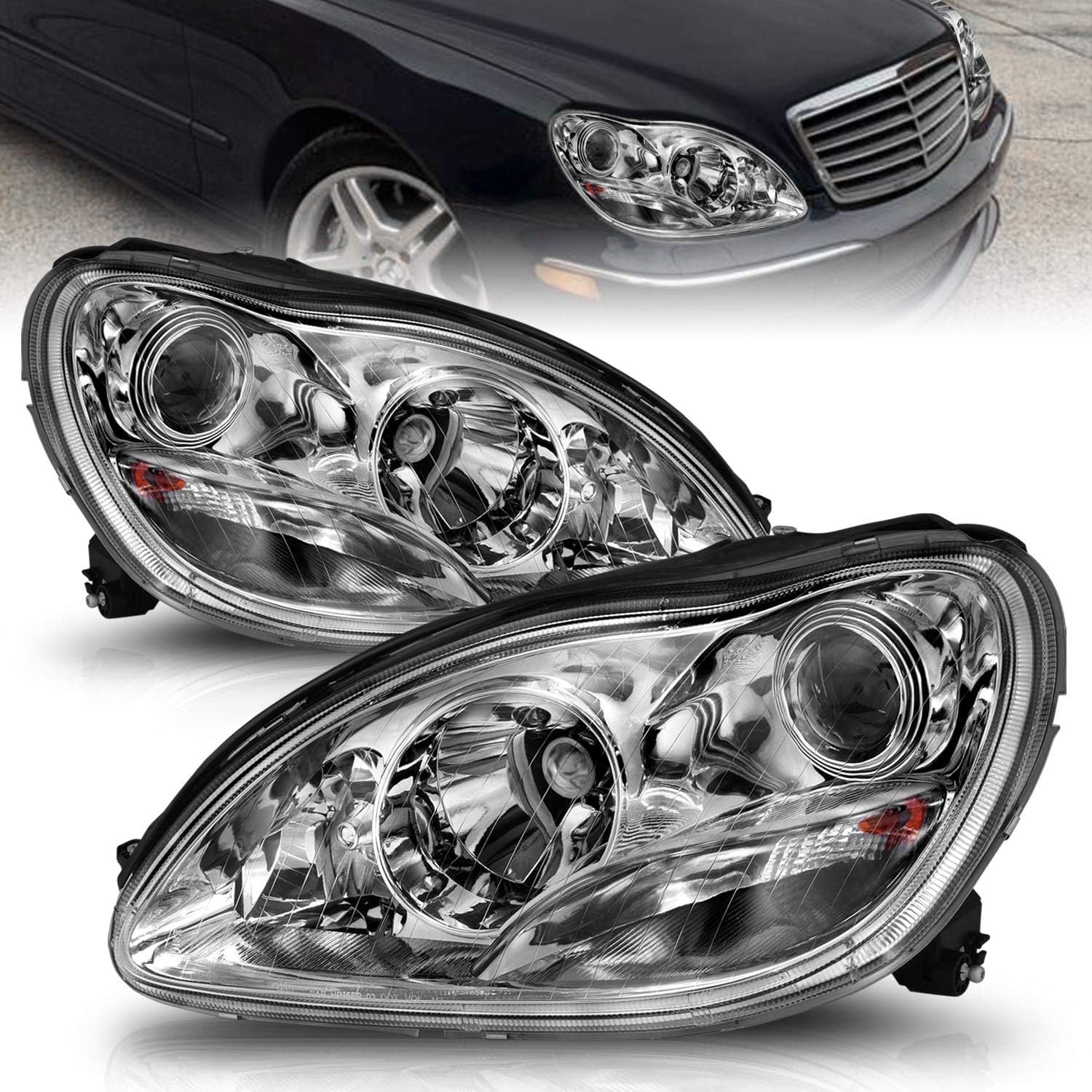 AmeriLite Clear Projector Chrome Replacement Headlights Set For 2000-2005 Mercedes-Benz S-Class W220 - Passenger and Driver Side