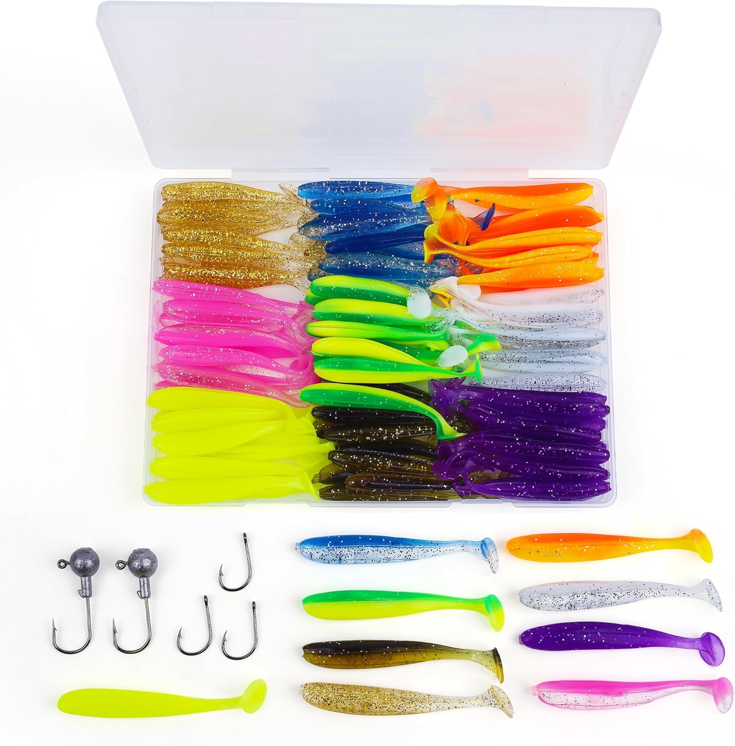 Soft Fishing Lures,90pcs Fishing Soft Plastic Lures and 5pcs Fishhook,Paddle Tail Swimbaits Soft Plastic Lures Kit for Bass Trout Walleye Crappie