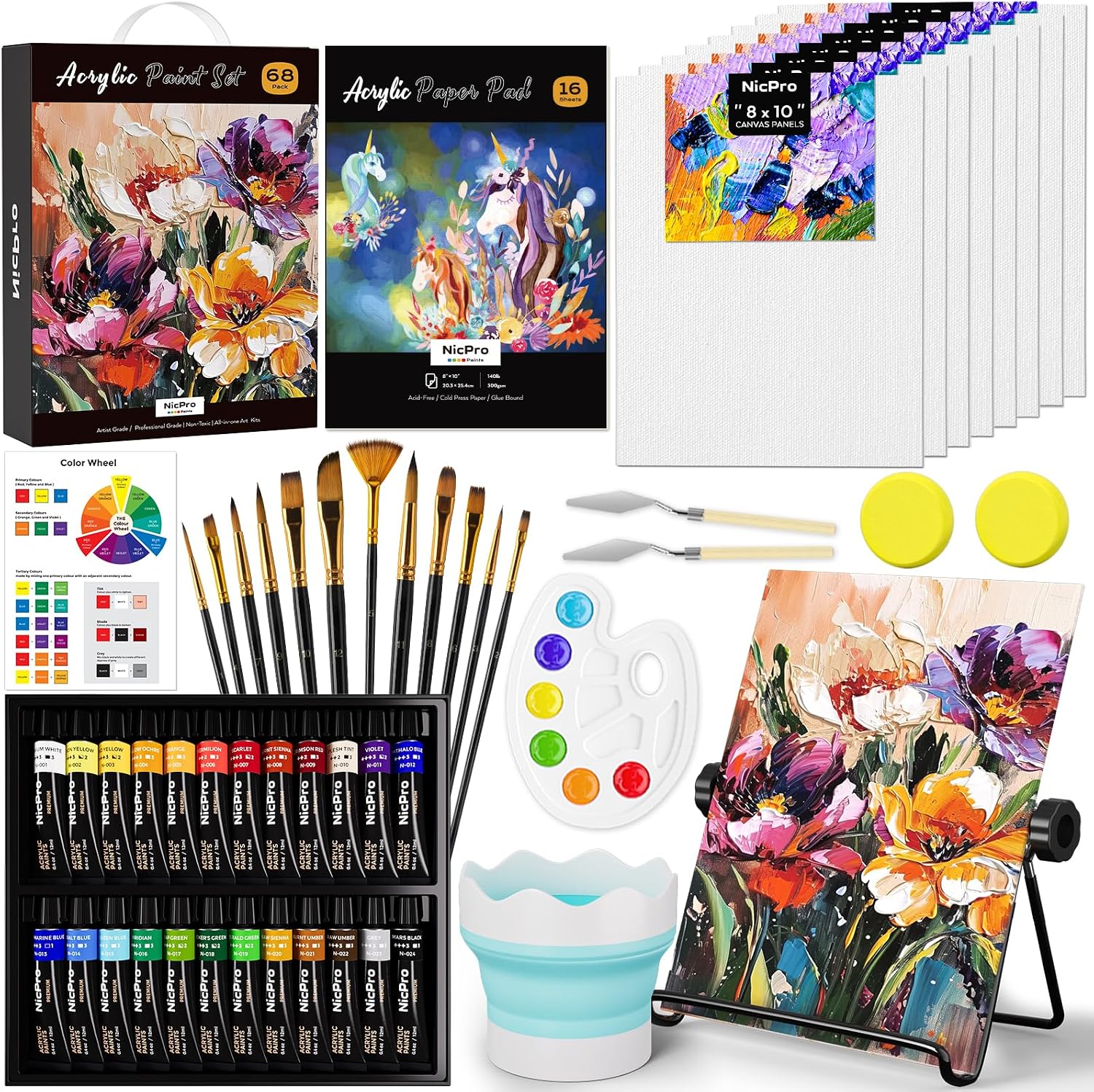 Nicpro 68PCS Acrylic Paint Canvas Set, Art Painting Supplies Kit with 24 Paints,Table Easel,8 Canvas Panels,12 Brushes,Paper Pad,Cleaning Cup,Sponge,Palette for Artist Beginner