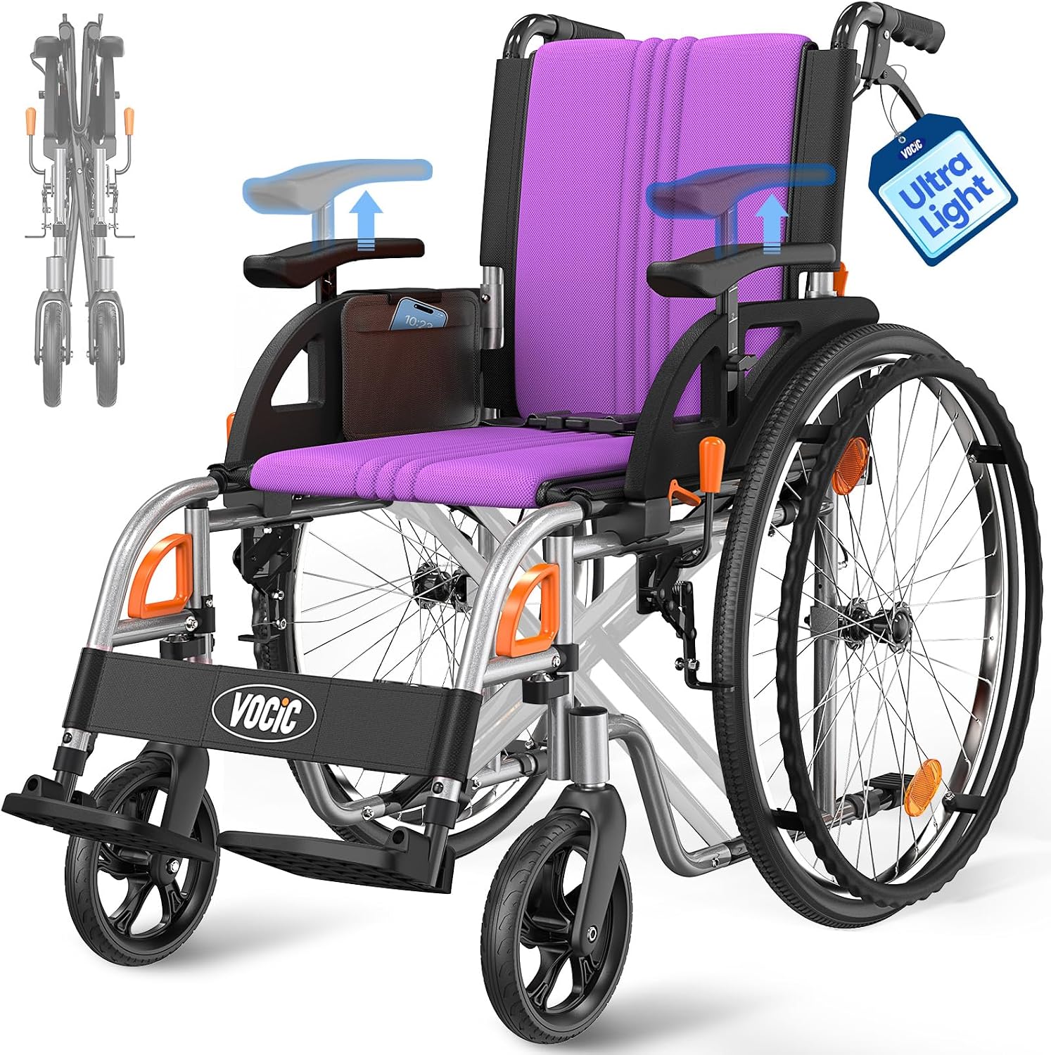 VOCIC Ultra Lightweight Foldable Wheelchair for Adults 23lb Frame Purple Portable Self-Propelled Wheelchairs for Seniors with Quick Release Wheels, Swing-Away Footrests,Flip-Back Arm, 300 lbs
