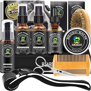 XIKEZAN Beard Kit - Includes Beard Wash, Serum (2 Pack), Oil, Balm, Comb, Brush, Scissors, Bag, E-Book - Ideal Stocking Stuffer Gifts for Men, Him,Boyfriend Husband,Dad