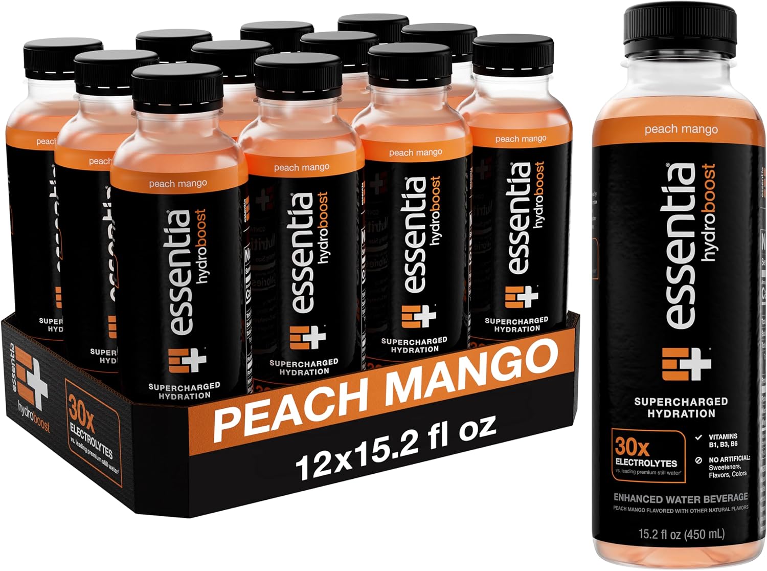 NEW Essentia Hydroboost Enhanced Bottled Water, 15.2 fl. oz. (450 mL), 12 Pack, Peach Mango, Hydrolyte Blend with B-Complex Vitamins and Electrolytes, Clean Taste & Supercharged Hydration