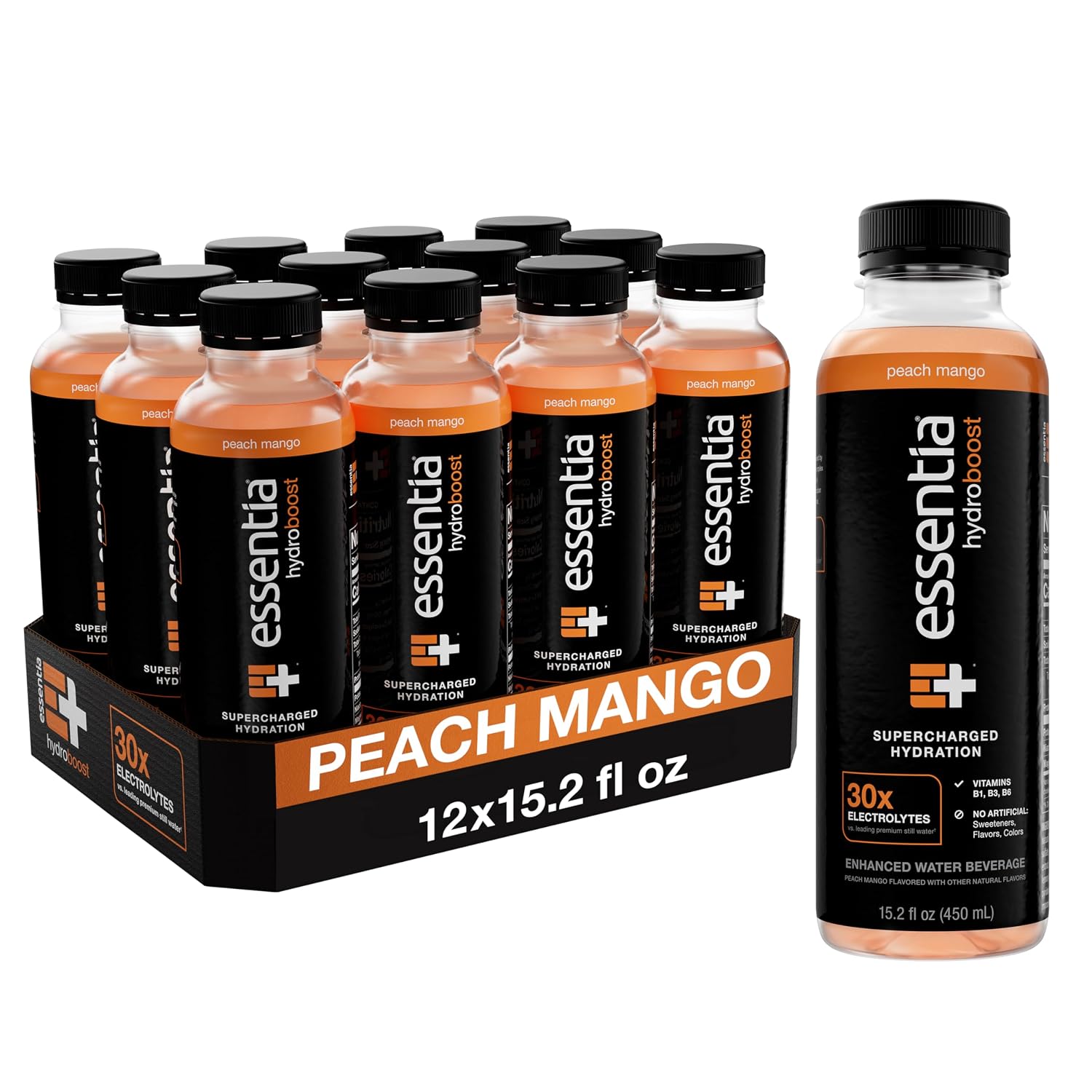 NEW Essentia Hydroboost Enhanced Bottled Water, 15.2 fl. oz. (450 mL), 12 Pack, Peach Mango, Hydrolyte Blend with B-Complex Vitamins and Electrolytes, Clean Taste & Supercharged Hydration