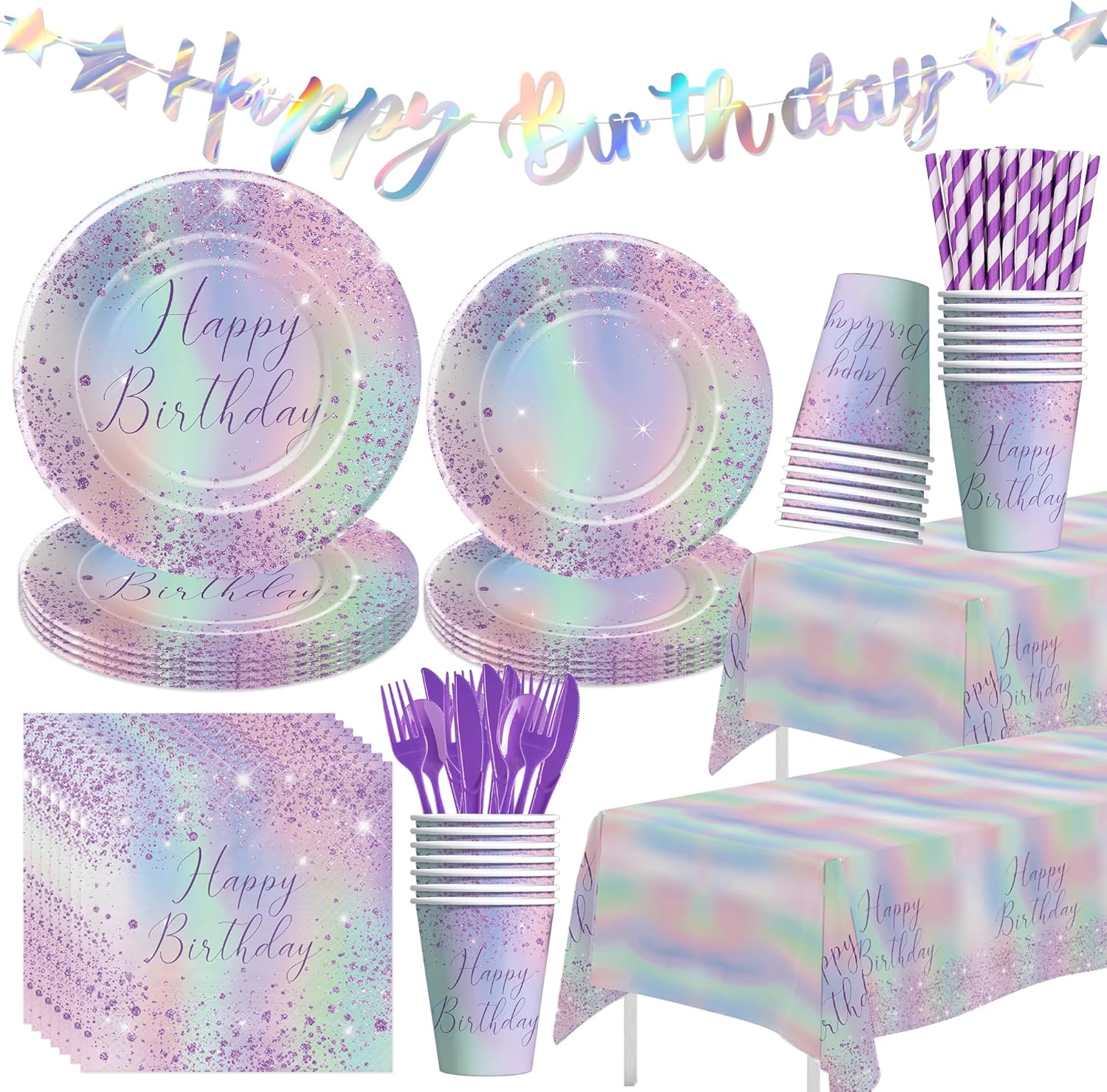 Iridescent Party Decorations Tableware, Ombre Purple Holographic Birthday Party Supplies, Plate, Cup, Napkin, Tablecloth, Cutlery, Banner, Glitter Iridescent Birthday Decorations | Serve 24