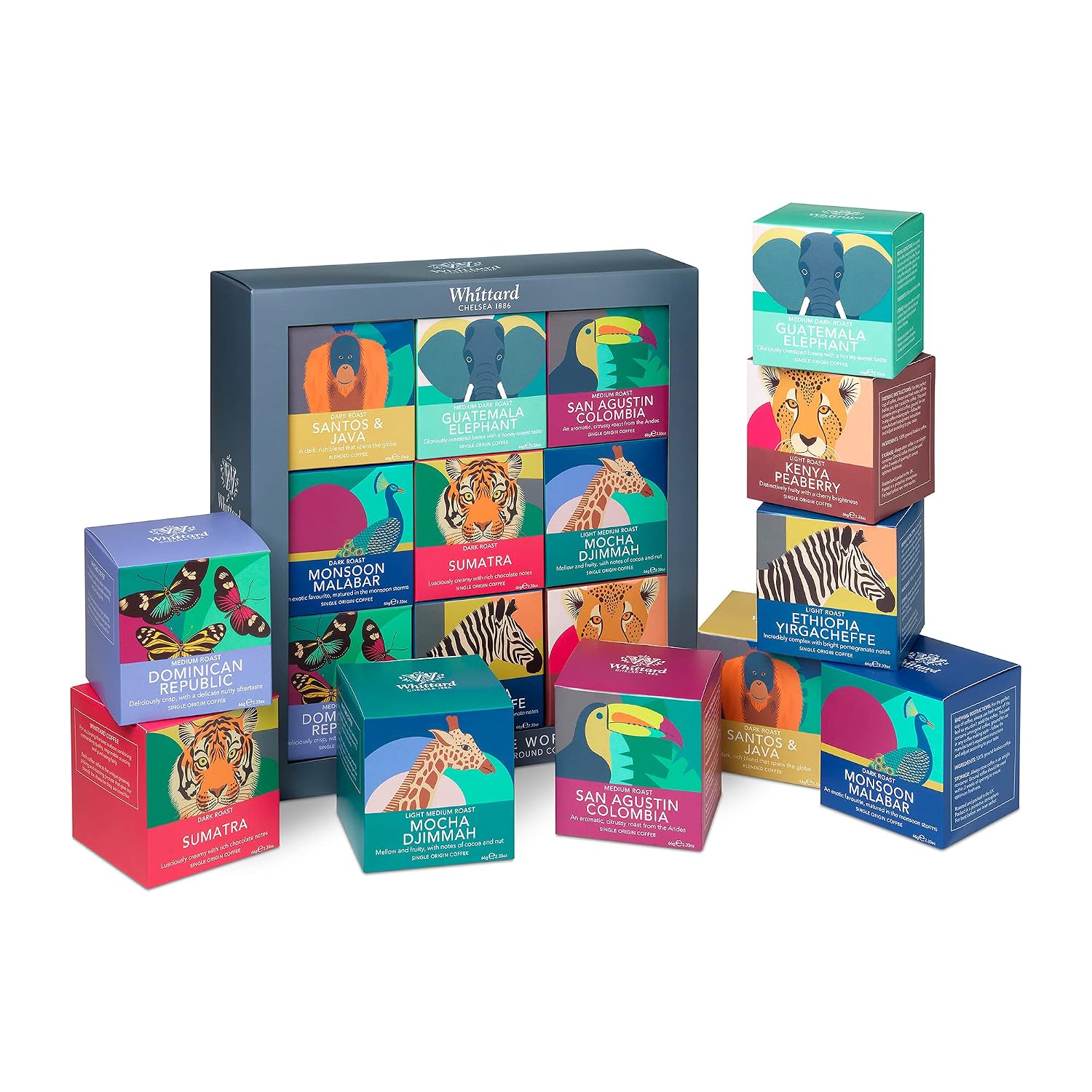 Whittard of Chelsea - Coffees of the World - Coffee Sampler Gift Box Set, 100% Arabica, Multiple Roast Types (9 Individually Wrapped Ground Coffees, 1 Box)