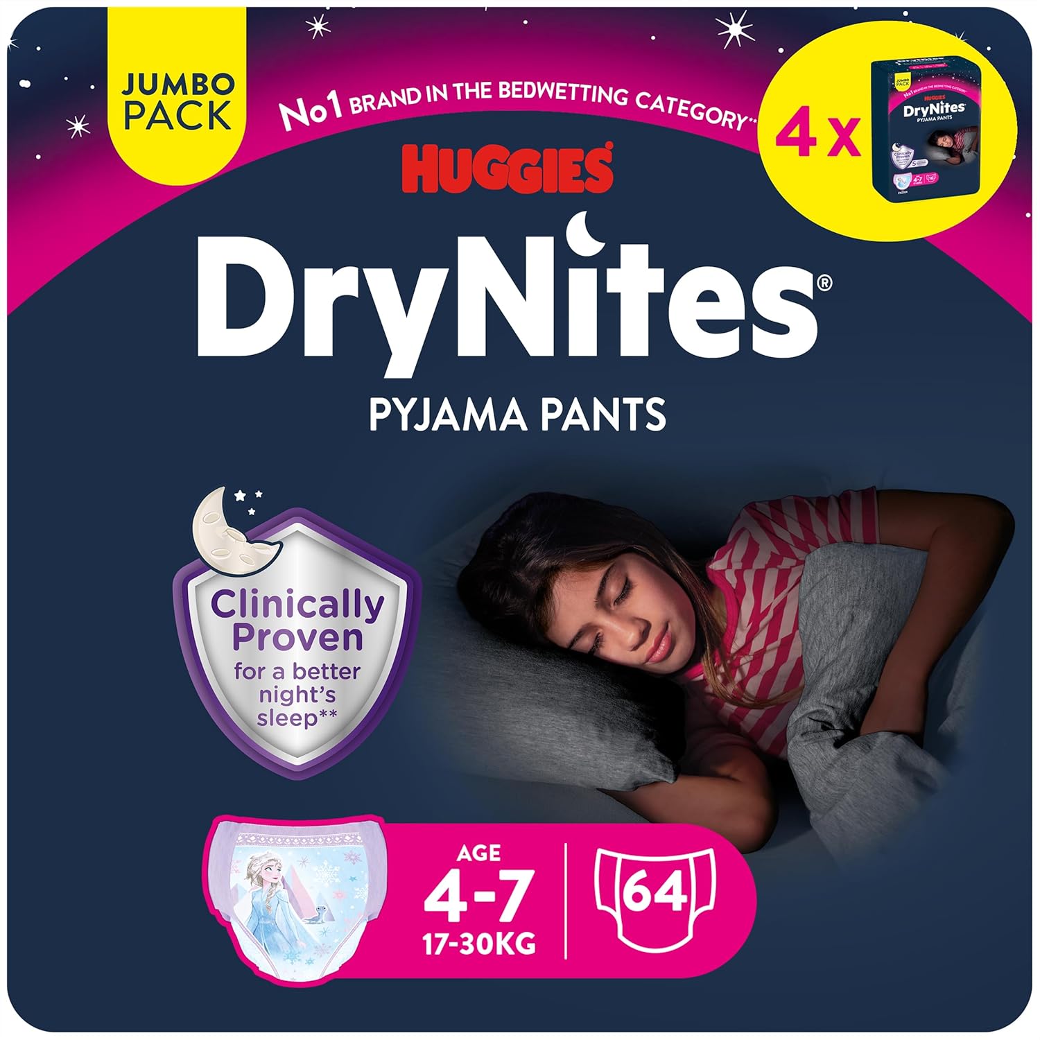 HUGGIES DryNites Girl's, 4-7 Years Jumbos (64 Pants) Disney Frozen